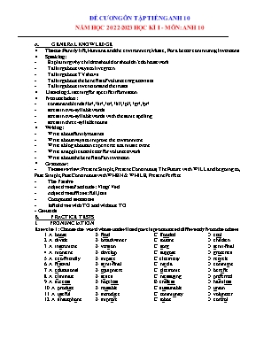 Đề cương ôn tập học kì 1 Tiếng Anh Khối 10 - Năm học 2022-2023